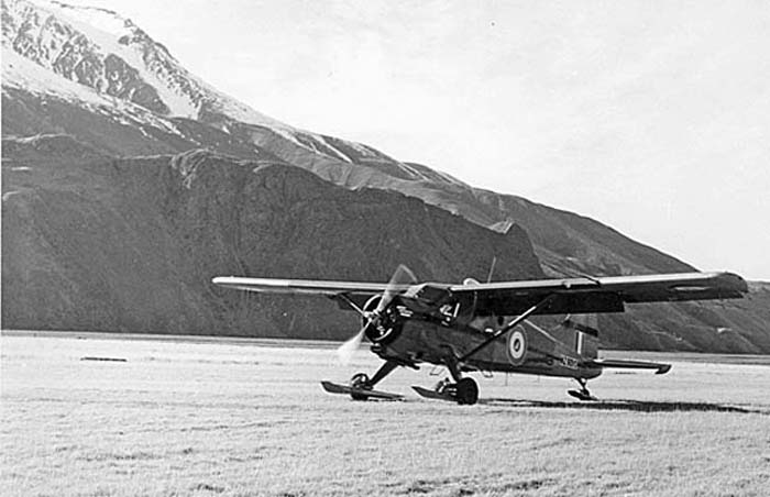 Mount Cook airstrip 1959:  The Beaver returning from the Glacier with wheel-ski landing gear.